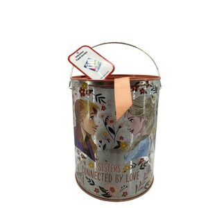Disney Frozen Card/Bank Holder Tin Bucket Anna Elsa Sisters Connected By Love